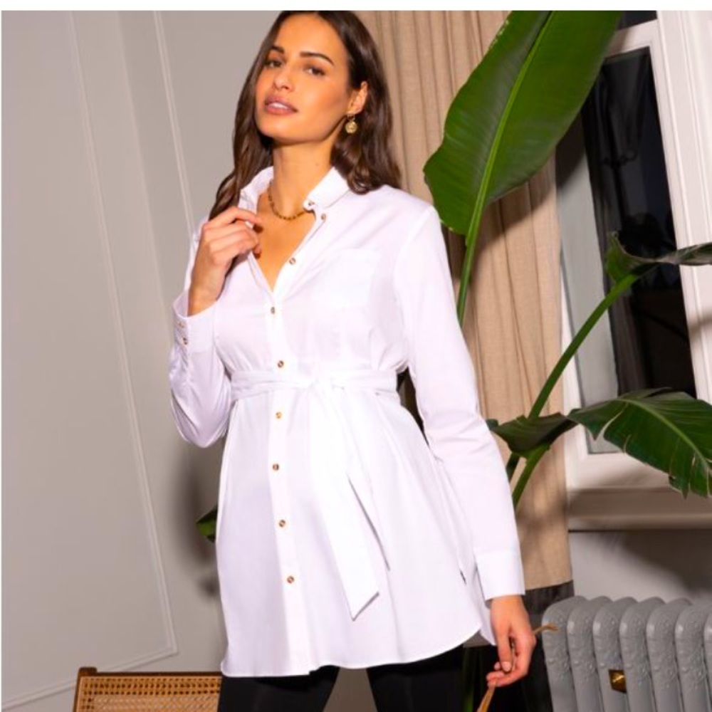 Maternity White Cotton Belted Tunic